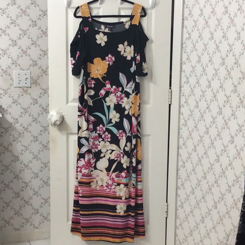 Roaman’s Plus Size 1X Colorful Floral Print Maxi Dress w/ Open Shoulder Sleeves.